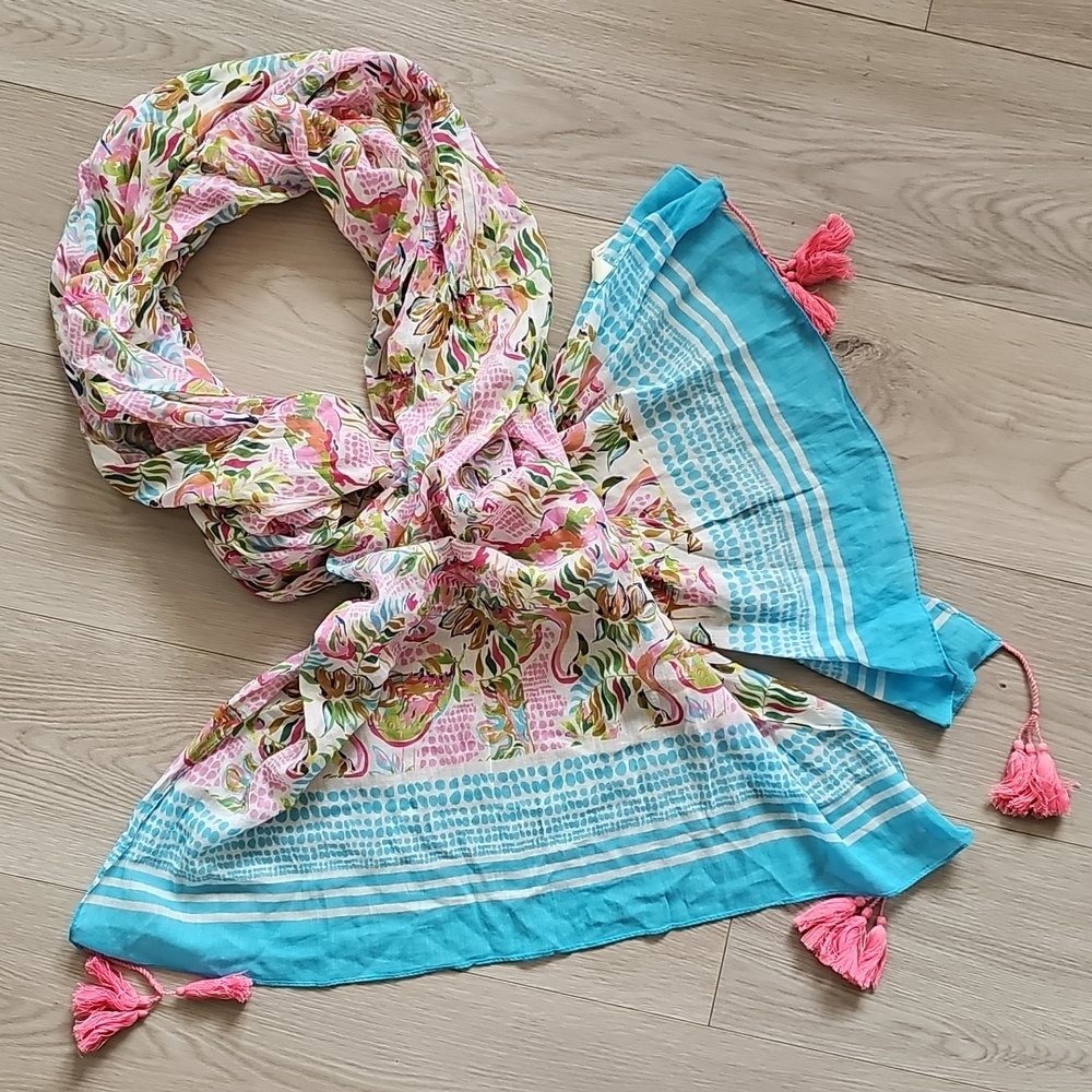 Charlie‎ Paige Cotton Tropical Flamingo Tassel Sheer Scarf